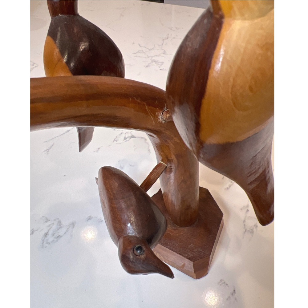 Vintage Hand Carved Wood Bird Tree Sculpture 5 Birds on Branch Folk Art MCM - Picture 9 of 12